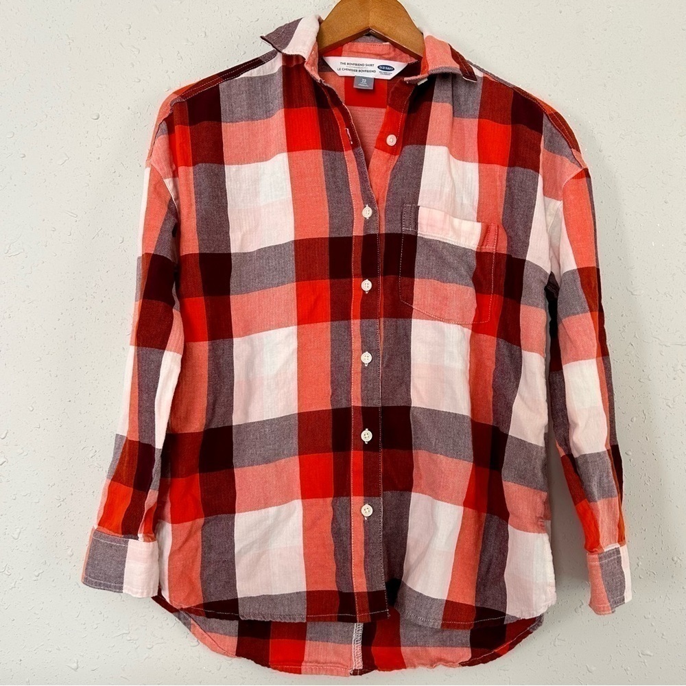🦋 Old Navy Orange Boyfriend Button Up Long Sleeve Flannel XS Petite